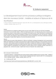 Le développement local comme processus politique endogène dans les nouveaux Lànder : modèles et acteurs à l épreuve de la réunification - article ; n°3 ; vol.38, pg 97-116