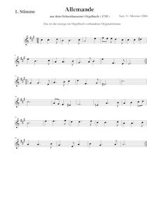 Partition Stimme 1 (aigu clef), Allemande 1735, Satz zur Melodie einer Allemande des Ochsenhausener Orgelbuchs