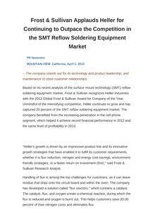 Frost & Sullivan Applauds Heller for Continuing to Outpace the Competition in the SMT Reflow Soldering Equipment Market