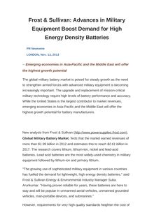 Frost & Sullivan: Advances in Military Equipment Boost Demand for High Energy Density Batteries
