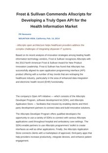 Frost & Sullivan Commends Allscripts for Developing a Truly Open API for the Health Information Market