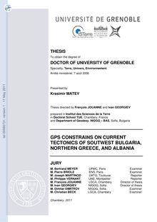 Contraintes GPS sur la tectonique actuelle du sud-ouest de la Bulgarie, de la Grèce du nord et de l Albanie, Gps constrains on current tectonics of soutwest bulgaria, northern greece, and albania