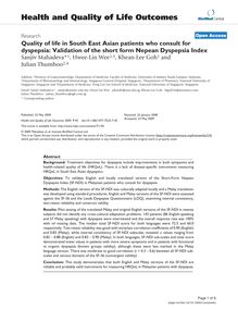 Quality of life in South East Asian patients who consult for dyspepsia: Validation of the short form Nepean Dyspepsia Index