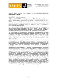 ERIS4 s.r.l. -  December 5, 2002 - Performance Benchmark Press Release