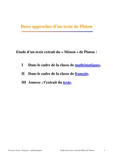Travaux croisés Français mathématiques Etude d un texte extrait du Ménon de Platon