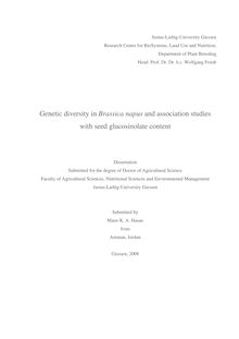 Genetic diversity in Brassica napus and association studies with seed glucosinolate content [Elektronische Ressource] / submitted by Maen K. A. Hasan