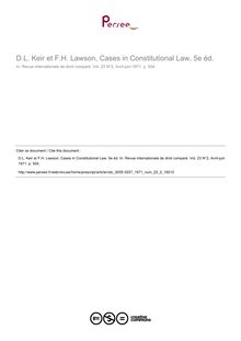 D.L. Keir et F.H. Lawson, Cases in Constitutional Law, 5e éd. - note biblio ; n°2 ; vol.23, pg 504-504