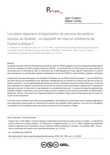 Les plans régionaux d organisation de services de santé et sociaux au Québec : un dispositif de mise en cohérence de l action publique ? - article ; n°4 ; vol.13, pg 115-130