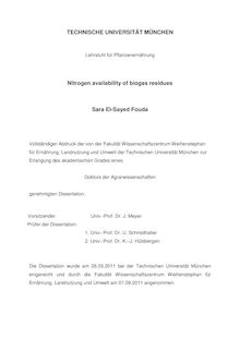 Nitrogen availability of biogas residues [Elektronische Ressource] / Sara Fouda. Gutachter: Urs Schmidhalter ; Kurt-Jürgen Hülsbergen. Betreuer: Urs Schmidhalter