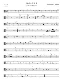 Partition ténor viole de gambe 1, alto clef, Galliard Milanese, Cabezón, Antonio de