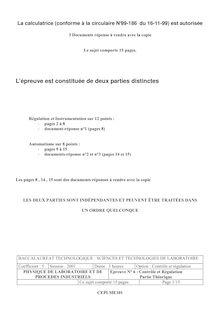 Contrôle et régulation 2001 S.T.L (Physique de laboratoire et de procédés industriels) Baccalauréat technologique