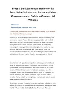 Frost & Sullivan Honors Hadley for its SmartValve Solution that Enhances Driver Convenience and Safety in Commercial Vehicles