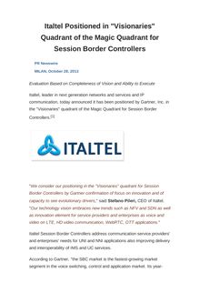 Italtel Positioned in "Visionaries" Quadrant of the Magic Quadrant for Session Border Controllers
