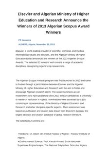Elsevier and Algerian Ministry of Higher Education and Research Announce the Winners of 2013 Algerian Scopus Award Winners