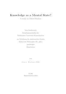 Knowledge as a mental state? [Elektronische Ressource] : a study on Oxford realism / von Jens Kohne