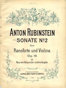 Partition couverture couleur, violon Sonata No.2, Op.19, Rubinstein, Anton