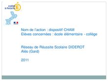 Nom de l action dispositif CHAM Elèves concernées école élémentaire collège Réseau de Réussite Scolaire DIDEROT Alès Gard