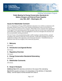 Battery Chargers and External Power Supplies Framework Document Public Meeting Issues for Comment for