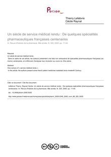 Un siècle de service médical rendu : De quelques spécialités pharmaceutiques françaises centenaires - article ; n°325 ; vol.88, pg 11-44