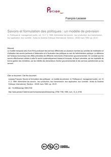 Savoirs et formulation des politiques : un modèle de prévision - article ; n°2 ; vol.12, pg 25-51