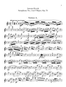 Partition violons I, Symphony No.5, Symfonie č.5, F major, Dvořák, Antonín