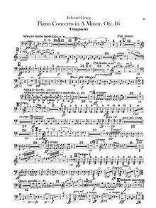 Partition timbales, Piano Concerto en A minor, Op.16, Grieg, Edvard