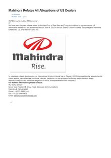Mahindra Refutes All Allegations of US Dealers